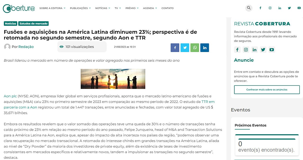 Fuses e aquisies na Amrica Latina diminuem 23%; perspectiva  de retomada no segundo semestre, segundo Aon e TTR